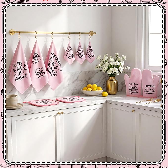 Bencailor 12 Pcs Farmhouse Kitchen Decorations Sets 8 Pink Black Kitchen Dish Towels 2 Pot Holders 2 Oven Mitts Glove Rustic Hand Towels and Dishcloths for Home Accessories Mom Gifts
