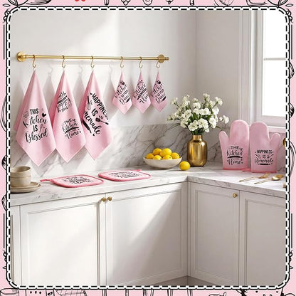 Bencailor 12 Pcs Farmhouse Kitchen Decorations Sets 8 Pink Black Kitchen Dish Towels 2 Pot Holders 2 Oven Mitts Glove Rustic Hand Towels and Dishcloths for Home Accessories Mom Gifts