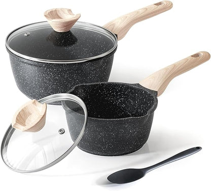 Kordisen Sauce Pan Set with Lid, 1.5Qt & 2.5 Qt Nonstick Cooking Pots with Pour Spout, Easy to Clean, Small Kitchen Induction Saucepan with Granite Coating, PFOA/PFOS Free (Black) by Kordisen