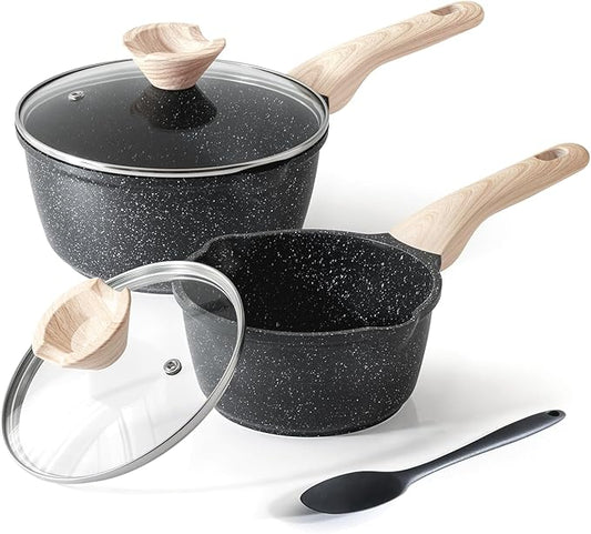 Kordisen Sauce Pan Set with Lid, 1.5Qt & 2.5 Qt Nonstick Cooking Pots with Pour Spout, Easy to Clean, Small Kitchen Induction Saucepan with Granite Coating, PFOA/PFOS Free (Black) by Kordisen