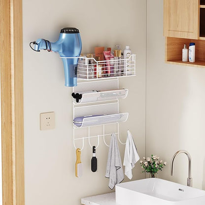 VITVITI Metal Hair Tool Organizer Wall Mount, Hair Dryer Holder with 3 Tier Shelf Basket Hooks, Bathroom Hair Styling Tool Organizer for Curling Iron/Blow Dryer/Straightener, White