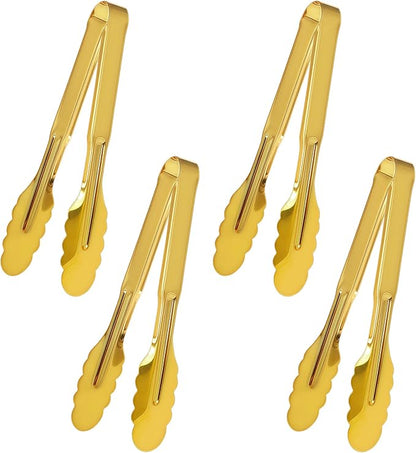 4 Pack Stainless Steel Serving Tongs, 9 Inch Gold Salad Tongs Serving Utensils Buffet Tongs Gold Plated Heavy Duty Reusable Metal Kitchen Clips for Salad, Snack, Barbecue, Catering, Wedding, Party by JCREN