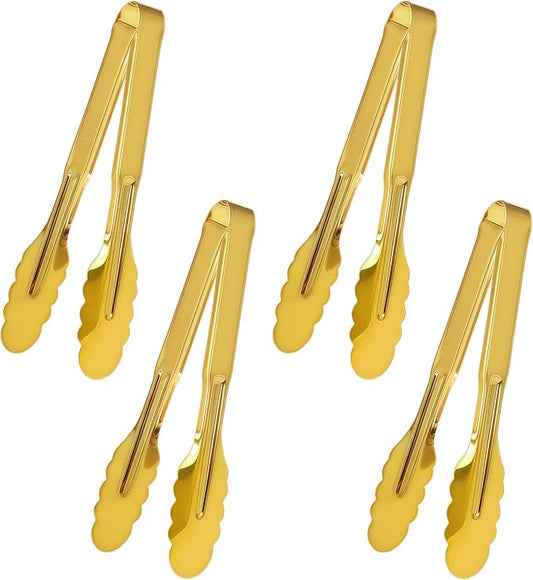 4 Pack Stainless Steel Serving Tongs, 9 Inch Gold Salad Tongs Serving Utensils Buffet Tongs Gold Plated Heavy Duty Reusable Metal Kitchen Clips for Salad, Snack, Barbecue, Catering, Wedding, Party by JCREN