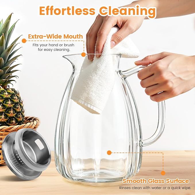 Glass Pitcher with Lid and Handle, 2.2L (74 oz) Borosilicate Glass Water Carafe, Stainless Steel Dual-Filter Lid, Heat Resistant for Hot/Cold Beverages – Iced Tea, Coffee, Juice, Cold Brew - Image 6