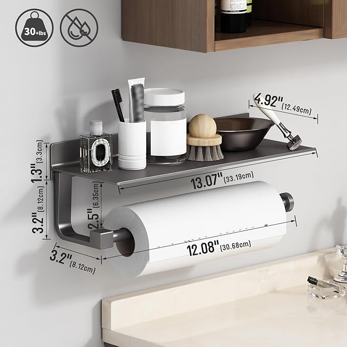Danpoo Kitchen Paper Towel Holder with Shelf Wall Mount, Adhesive Hand Towel Holder for Bathroom, Matte Grey - Image 2