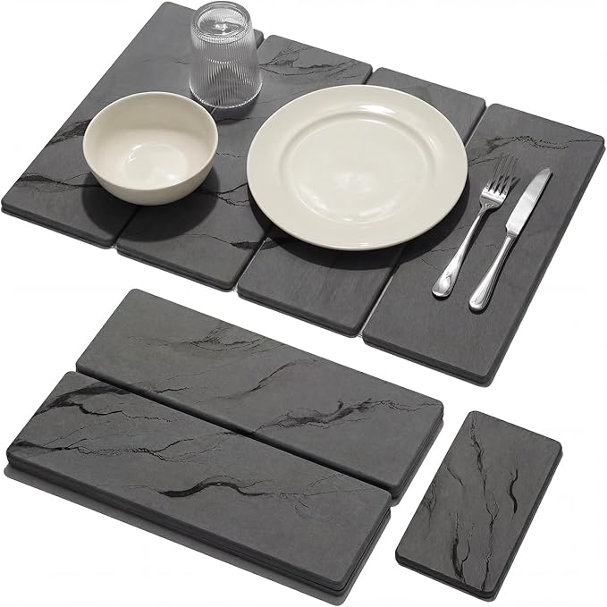 Large Stone Dish Drying Mat for Kitchen Counter, 2 PCS Quick Dry Diatomaceous Earth Dish Mat Set – Foldable Water Absorbing Kitchen Accessories for Countertop(Dark Gray 24"x16"&8"x4") by SOKINCLR