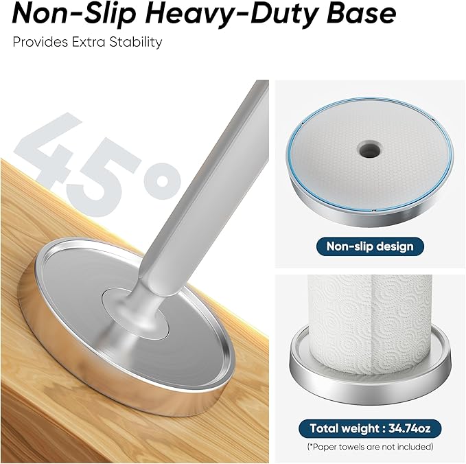 theaoo Paper Towel Holder Countertop, One-Handed Tear Paper Towel Stand Dispenser with Damping Function for Kitchen Bathroom, Stainless Steel Paper Towel Holder with Weighted Non-slip Base (1, Silver) - Image 6