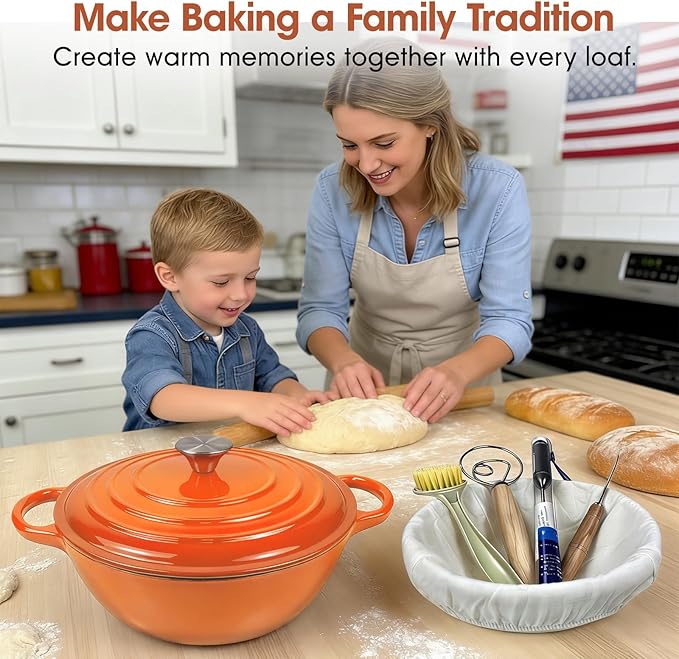 5QT Enameled Cast Iron Dutch Oven for Bread & Multi-Cooking – Complete Sourdough Starter Kit with Lid ,Probe Thermometer, Proofing Basket, Silicone Sling & Gift Packaging Bags,Oven Safe up to 500°F (Orange)