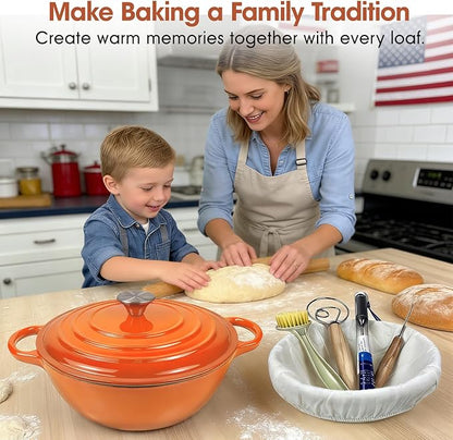 5QT Enameled Cast Iron Dutch Oven for Bread & Multi-Cooking – Complete Sourdough Starter Kit with Lid ,Probe Thermometer, Proofing Basket, Silicone Sling & Gift Packaging Bags,Oven Safe up to 500°F (Orange)