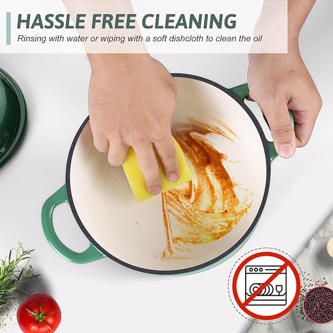 TeamFar Enameled Cast Iron Dutch Oven - 3QT Small Dutch Oven Pot with Lid - Heavy Duty Cast Iron Pot Cookware for Bread Baking, Braising, Stewing, Roasting, Basil Green - Image 5