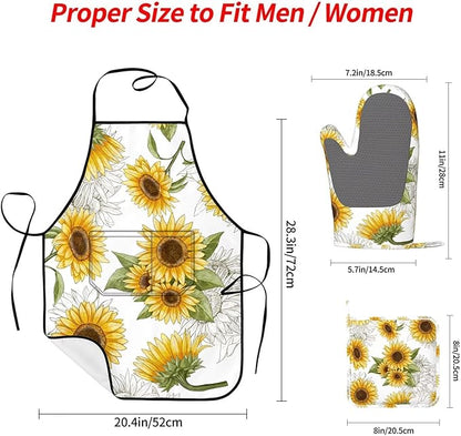 Yellow Sunflower Oven Mitts Sunflowers Pot Holders Yellow Flowers Cooking Apron Set of 5 Silicone Kitchen Glove Apron Non-Slip Heat Resistant for Chef Baking Cooking Grilling BBQ