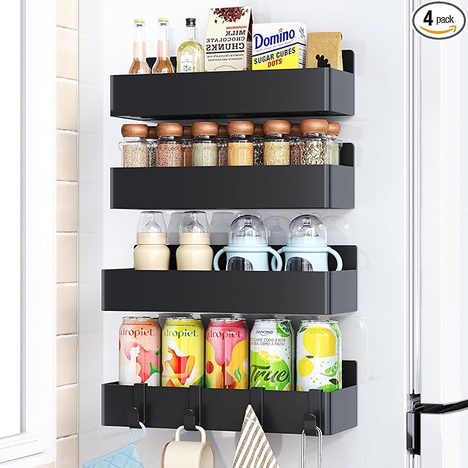 Mystozer Magnetic Spice Rack for Refrigerator, Kitchen Organizer and Storage Shelf, Black (4 Pack)… by Mystozer