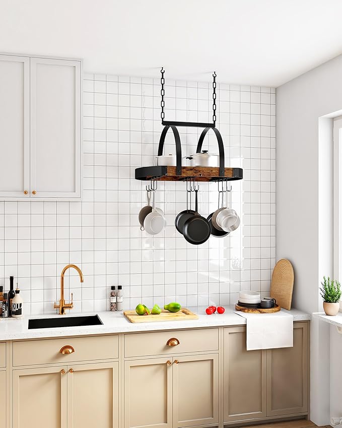 CHOEZON Hanging Pot Rack, Pot Hanger for Kitchen, Ceiling Mounted Pot Holder, Cookware Organizer with 9 S-Shaped Hooks, for Pot, Pan Storage, Space-Saving, Rustic Brown and Black TPR07BF - Image 4