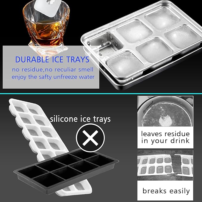 TEGOOL Ice Cube Trays, Stainless Steel Lid Ice Cube tray with Suction Cup Super Easy Release Molds,Durable and Dishwasher Safe for Cocktail,Freezer,Whiskey,Chocolate (Silver)