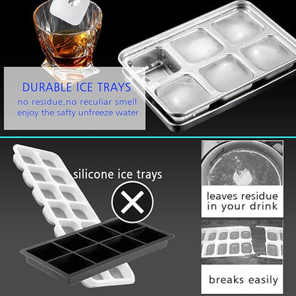 TEGOOL Ice Cube Trays, Stainless Steel Lid Ice Cube tray with Suction Cup Super Easy Release Molds,Durable and Dishwasher Safe for Cocktail,Freezer,Whiskey,Chocolate (Silver)