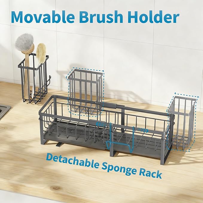 Aurblozen Extra Large Extendable Sponge Holder for Kitchen Sink, Rustproof Sink Caddy Organizer with High Brush Holder, Dish Soap Dispenser Organizers and Storage (Gray) - Image 6