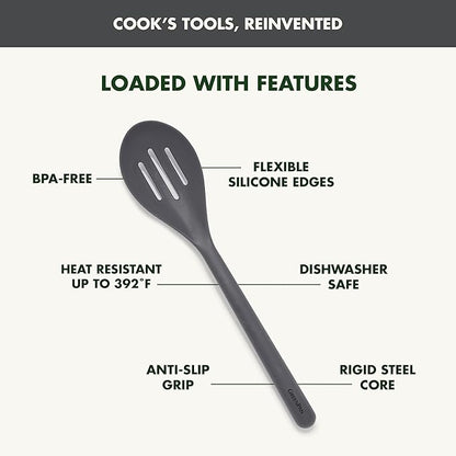 GreenPan Silicone Slotted Spoon, Cooking Kitchen Utensil, Mixing Stirring Serving, Flexible Rubber Nonstick Cookware, Rigid Steel Core Heat-Resistant, Anti-Slip Handle, BPA-Free, Dishwasher Safe, Gray