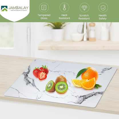 JAMBALAY Tempered Glass Cutting Boards for Kitchen, White 12"x8" & 16"x12" Glass Cutting Board Set with Marble Design, With Non Slip Foot, Shatter and Heat Resistant, Dishwasher Safe