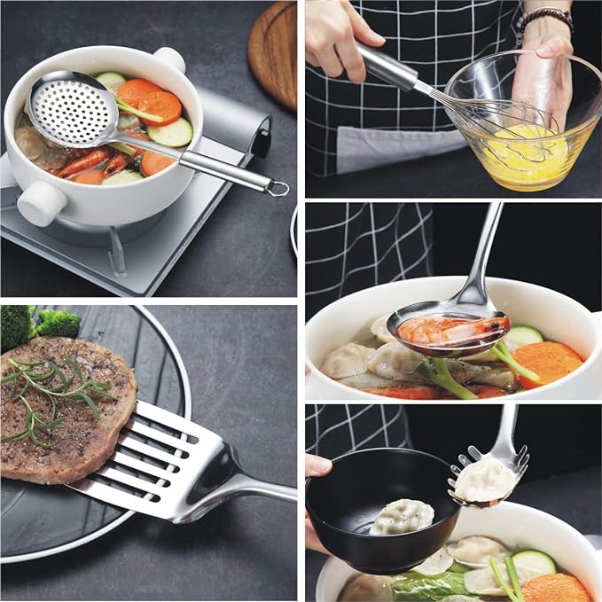 Berglander Cooking Utensil Set 13 Piece Stainless Steel Kitchen Tool Set with Holder, Include Cooking Spoon, Spatula, Whisk, Cooking Tong and etc. (13 Pieces) - Image 5