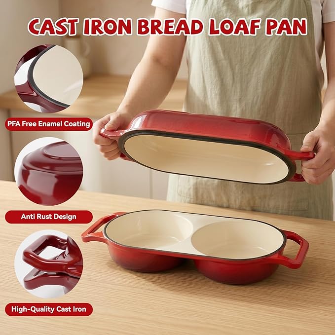 Double Dutch Oven Pot with Lid, Enameled Cast Iron Bread Loaf Pan, Dutch Oven For Sourdough Bread Baking, 500°F Oven Safe Non Stick Dual Round Bread Pan, 16.5cm Diameter Loaf Pans, Red