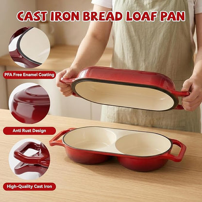 Double Dutch Oven Pot with Lid, Enameled Cast Iron Bread Loaf Pan, Dutch Oven For Sourdough Bread Baking, 500°F Oven Safe Non Stick Dual Round Bread Pan, 16.5cm Diameter Loaf Pans, Red