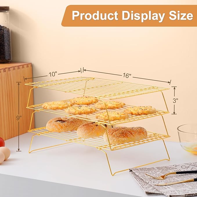 Cooling Rack for Baking 3 Tiers, 16" x 10" Cookie Cooling Wire Rack Stackable Collapsible Nonstick, Stainless Steel Baking Cooking Cooling Racks with Optimum Air Flow, Gold - Image 2