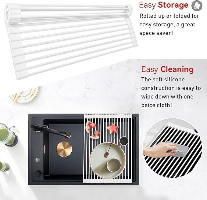 MERRYBOX Roll Up Dish Drying Rack, Silicone Wrapped Over The Sink Dish Rack Foldable Dish Drainer Anti-Slip Dish Racks for Kitchen Counter, Multipurpose Kitchen Sink Drying Rack, 18" x 13", White - Image 7