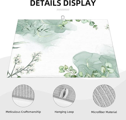 Watercolor Green Leaf Floral Dish Drying Mat for Kitchen Counter, 18"x24" Microfiber Absorbent Fast Dry Mat, 2Pcs Dish Mat Faucet Mats Sets, Large Drying Kitchen Mat Kitchen Drying Pad