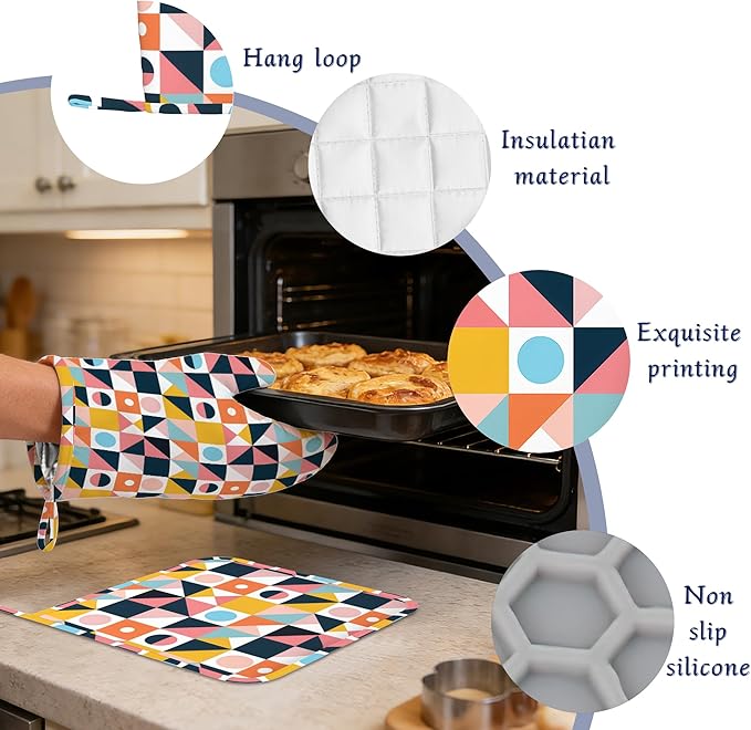 Oven Mitts and Pot Holders Sets Abstract Geometric Silicone Kitchen Mits Potholders Colorful Modern Art Heat Resistant 4Pcs Oven Gloves Hot Pads for Baking Cooking BBQ Grilling Home Decor