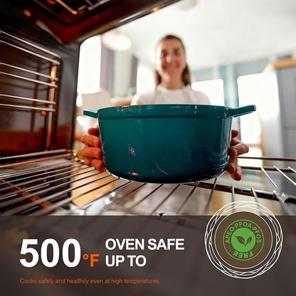 Overmont Enameled Cast Iron Dutch Oven - 5.5QT Pot with Lid Cookbook & Cotton Potholders - Heavy-Duty Cookware for Braising, Stews, Roasting, Sourdough Baking Bottle green - Image 4