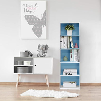 Furinno LUDER Book Shelf, 5-Tier Bookshelf, Bookcase with Open Shelves, 9.4 x 15.8 x 52, Easy Assembly, for Living Room, Bedroom, Home Office, White/Light Blue - Image 9