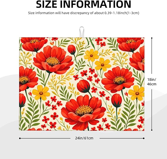 Watercolor Flower Dish Drying Mat For Kitchen Counter Absorbent Large Kitchen Fast Dry Pad Reusable Washable Protector Rack Large Mat 18 X 24