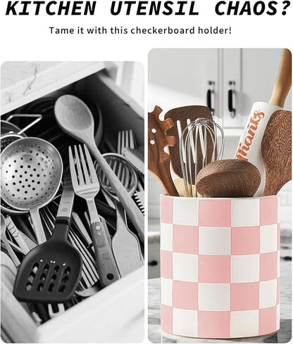 Utensil Holder，7.2 Inch Checkered Utensil Holder, Ceramic Cooking Utensil Spoon/Spatula Holder for Countertop, Kitchen Decor and Accessories for counte(Purple) - Image 2