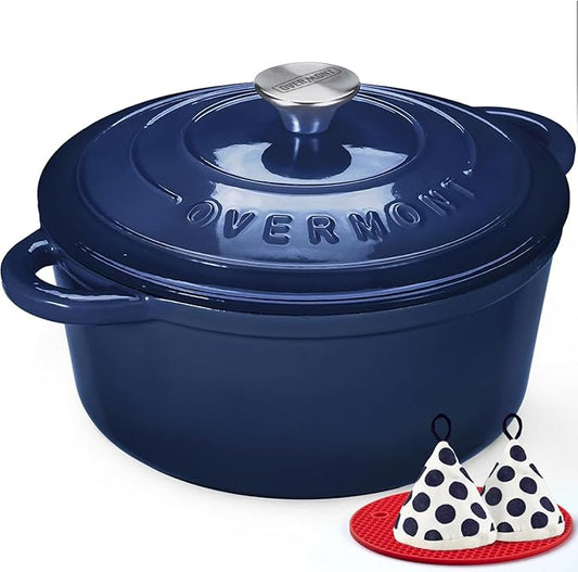 Overmont Enameled Cast Iron Dutch Oven - 5.5QT Pot with Lid Cookbook & Cotton Potholders - Heavy-Duty Cookware for Braising, Stews, Roasting, Sourdough Baking Indigo Blue by Overmont