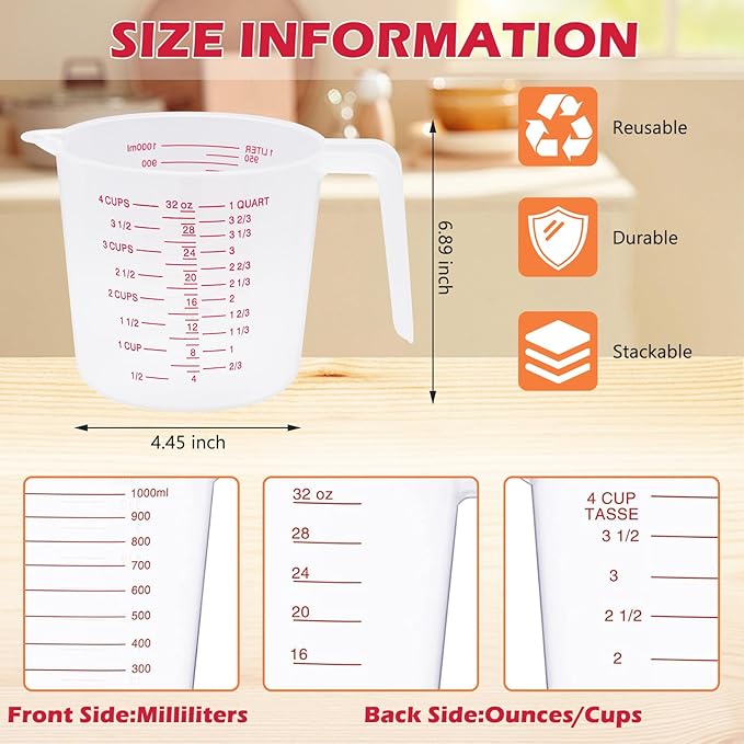 16 Pcs 4 Cup Capacity Plastic Measuring Cup, 32 Oz/1000 ml Clear Graduated Measuring Cups Plastic Mug with Spout and Handles Ounce and Ml Cup Marking for Recipe Ingredient, Flour, Water, Liquid
