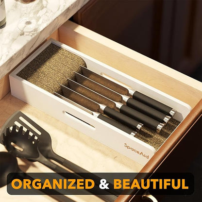SpaceAid Knife Drawer Organizer Bamboo Insert Dock, Kitchen Steak Knives Holder Organizers Block for Drawer in Storage Organization (Small, White)