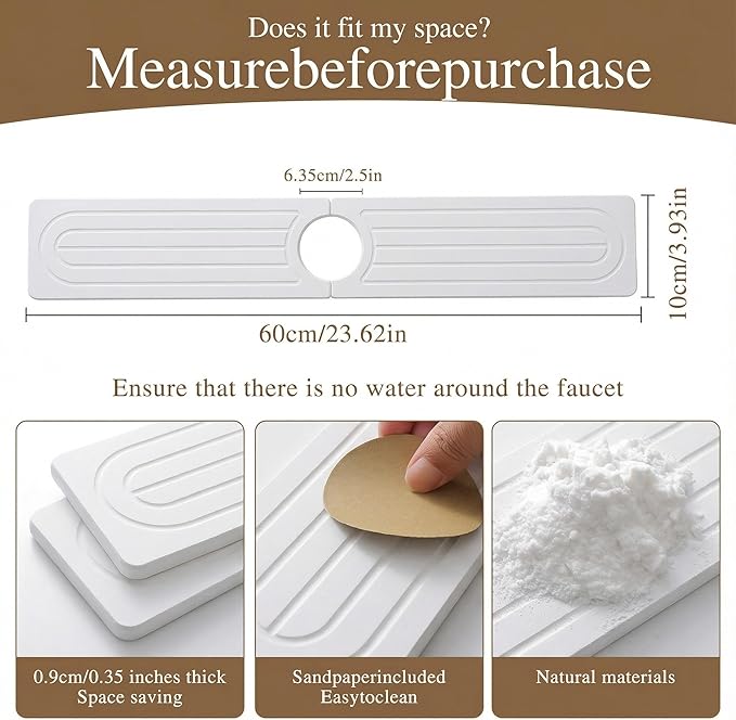 Faucet Mat for Kitchen Sink -Diatomite Stone Drying Mat for Kitchen Counter & Bathroom Sink,Quick-Dry Kitchen Sink Mat-Sink Protector & Splash Guard,Super Absorbent (White, 23.6" x 4") - Image 5