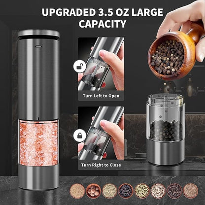 Haomacro Electric Salt and Pepper Grinder Set, Upgraded Larger Capacity Stainless Steel Automatic Salt and Pepper Mill Set Refillable with 5 Adjustable Coarseness Stainless Steel Top button Shaker