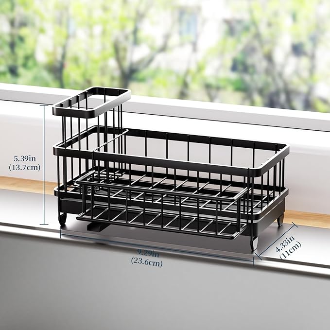 Consumest Sponge Holder for Kitchen Sink - Auto Draining Sink Caddy Organizer with Detachable Rack, High Brush Holder, Kitchen Countertop Storage Accessories, Black - Image 6