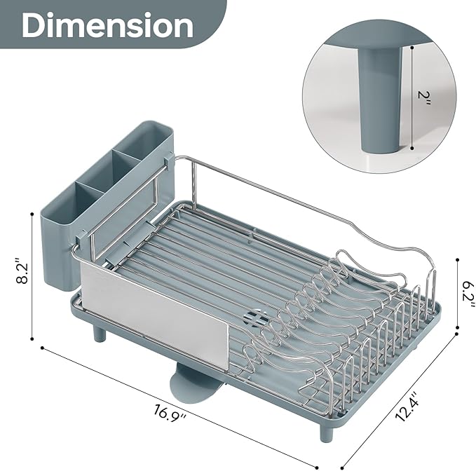 Stainless Steel Dish Drying Rack - Large Capcity 304 Grade Dish Drainer for Kitchen Counter with Drain Board, Utensil Holder & Detachable Cup Shelf, Rustproof Multifunctional Organizer, Pale Blue - Image 2