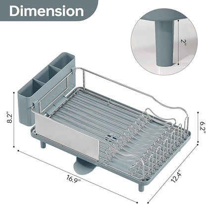 Stainless Steel Dish Drying Rack - Large Capcity 304 Grade Dish Drainer for Kitchen Counter with Drain Board, Utensil Holder & Detachable Cup Shelf, Rustproof Multifunctional Organizer, Pale Blue - Image 2