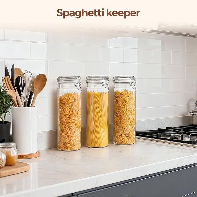 ComSaf 3-Pack 68oz 13-Inch Tall Glass Pasta Containers for Spaghetti & Long Pasta, Slender Airtight Canisters for Vertical Pantry Organization, Food Storage Jars for Linguine & Breadsticks - Image 6