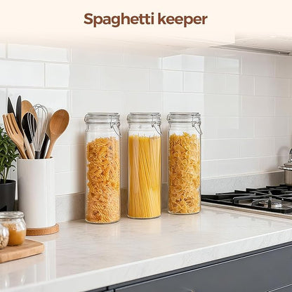 ComSaf 3-Pack 68oz 13-Inch Tall Glass Pasta Containers for Spaghetti & Long Pasta, Slender Airtight Canisters for Vertical Pantry Organization, Food Storage Jars for Linguine & Breadsticks - Image 6