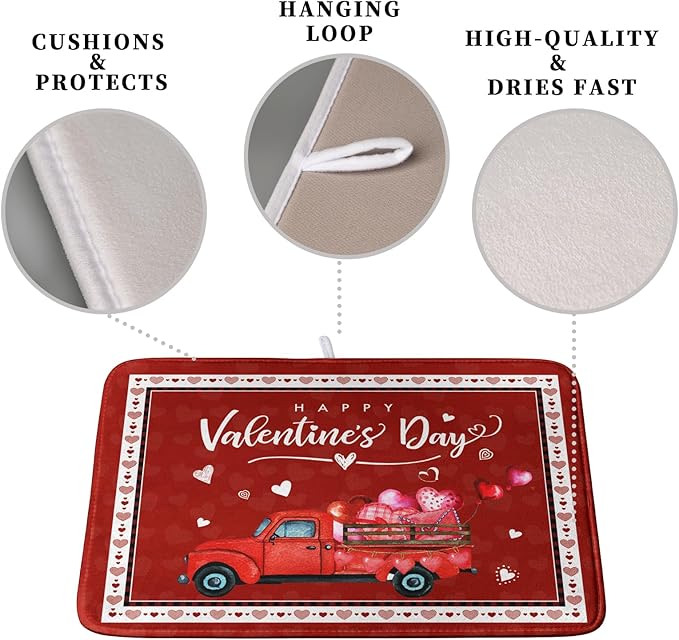 Happy Valentine's Day Dish Drying Mat for Kitchen Red Love Heart Truck Plaid Drying Mats Super Absorbent Dishes Drainer Pad Reversible Microfiber Dish Drying Rack Mat for Kitchen Counter 18x24 Inch - Image 3