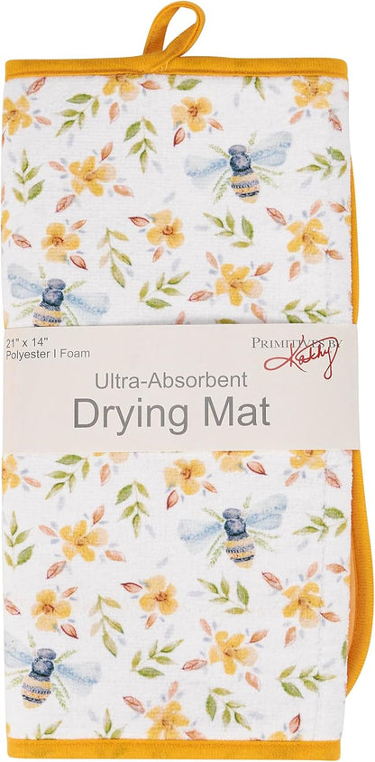 Primitives by Kathy Decorative Kitchen Drying Mat, Full Color Design, ultra-absorbent vibrant pattern/bees/flowers hand painted unique watercolor style dish mat pad kitchen accessory/spring home decor