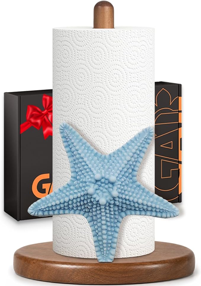 Starfish Paper Towel Holder, Coastal Beach Ocean Decor for Kitchen Bathroom Countertop, Freestanding Wooden Stand, Standard & Jumbo Rolls, Gift for Women