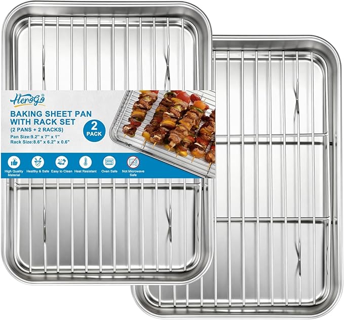 Herogo Baking Sheet with Wire Rack Set(2 Pans + 2 Racks), 9.2'' x 7'' x 1'' Stainless Steel Cookie Sheet Bakeware Set for Oven, Non Toxic & Heavy Duty & Easy Clean- Small