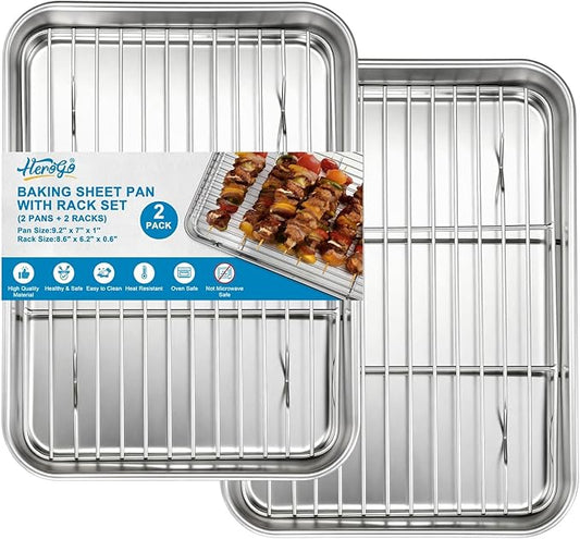 Herogo Baking Sheet with Wire Rack Set(2 Pans + 2 Racks), 9.2'' x 7'' x 1'' Stainless Steel Cookie Sheet Bakeware Set for Oven, Non Toxic & Heavy Duty & Easy Clean- Small