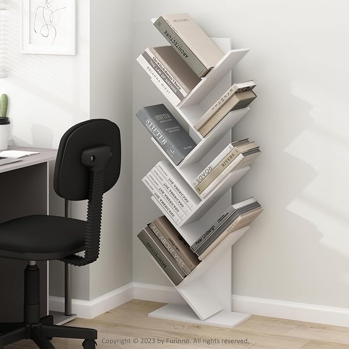 Furinno TREE Book Shelf, 9-Tier Bookshelf, Tree Bookcase with Angled Open Shelf, 8.4 x 15.7 x 50.9, for Room Decor, for Living Room, Bedroom, Home Office, White - Image 2