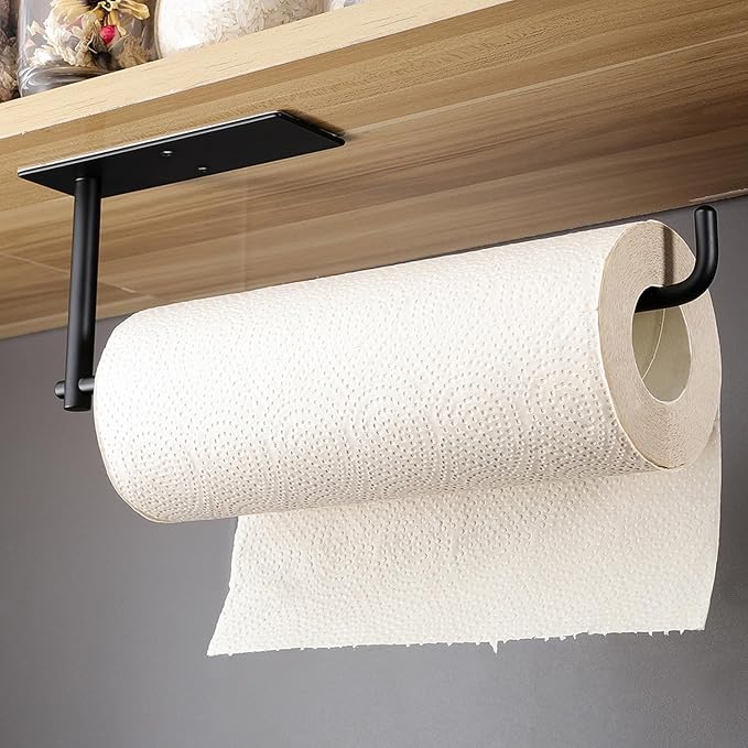 SUNTECH 2 Pack Paper Towel Holder Under Cabinet, Adhesive or Drilling Paper Towel Holder Wall Mounted, Stainless Steel Kitchen Towel Roll Holder for Bathroom, RV (Black) - Image 2